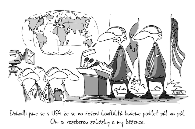 Kreslený vtip: Dohodli jsme se s USA, že se na řešení konfliktů budeme podílet půl na půl. Oni si rozeberou zakázky a my běžence. Autor: Marek Simon