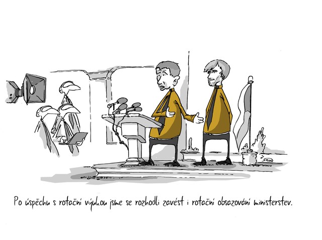 Kreslený vtip: Po úspěchu s rotační výukou jsme se rozhodli zavést i rotační obsazování ministerstev. Autor: Marek Simon