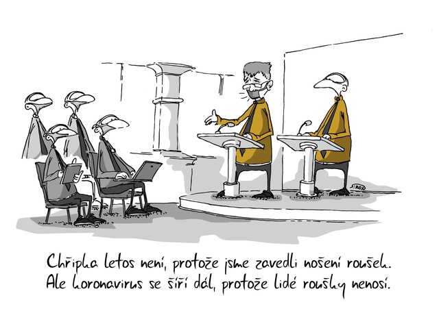Kreslený vtip: Chřipka letos není, protože jsme zavedli nošení roušek. Ale koronavirus se šíří dál, protože lidé roušky nenosí. Autor: Marek Simon