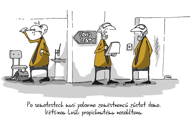 Kreslený vtip: Po samotestech musí polovina zaměstnanců zůstat doma. Většinou kvůli propíchnutému nosohltanu. Autor: Marek Simon