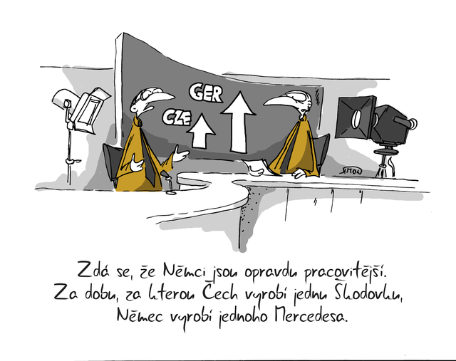 Kreslený vtip: Zdá se, že Němci jsou opravdu pracovitější. Za dobu, za kterou Čech vyrobí jednu Škodovku, Němec vyrobí jednoho Mercedesa. Autor: Marek Simon