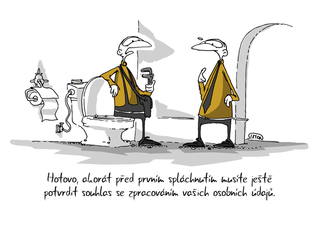 Kreslený vtip: Hotovo, akorát před prvním spláchnutím musíte ještě potvrdit souhlas se zpracováním vašich osobních údajů. Autor: Marek Simon
