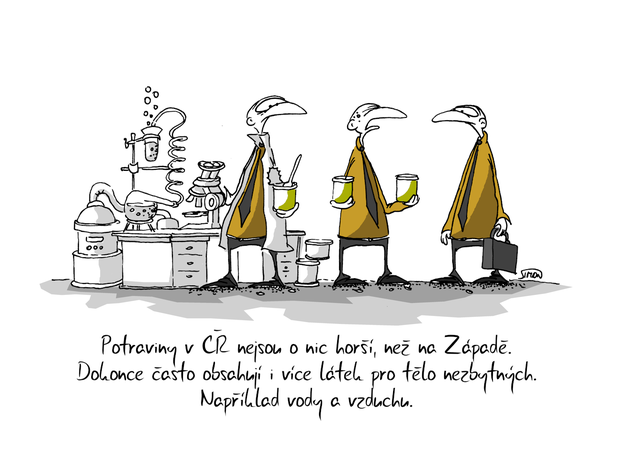 Kreslený vtip: Potraviny v ČR nejsou o nic horší než na Západě. Dokonce často obsahují i více látek pro tělo nezbytných. Například vody a vzduchu. Autor: Marek Simon