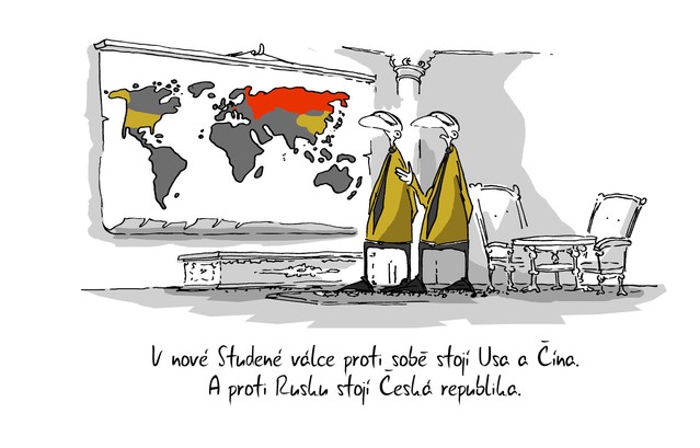 Kreslený vtip: V nové Studené válce proti sobě stojí USA a Čína. A proti Rusku stojí Česká republika. Autor: Marek Simon