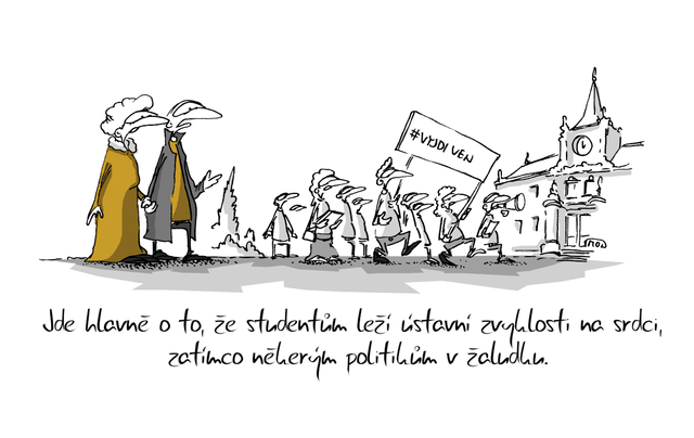 Kreslený vtip: Jde hlavně o to, že studentům leží ústavní zvyklosti na srdci, zatímco některým politikům v žaludku. Autor: Marek Simon