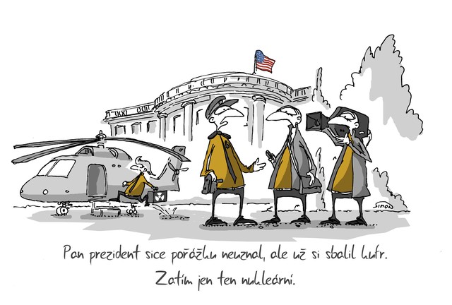 Kreslený vtip: Pan prezident sice porážku neuznal, ale už si sbalil kufr. Zatím jen ten nukleární. Autor: Marek Simon