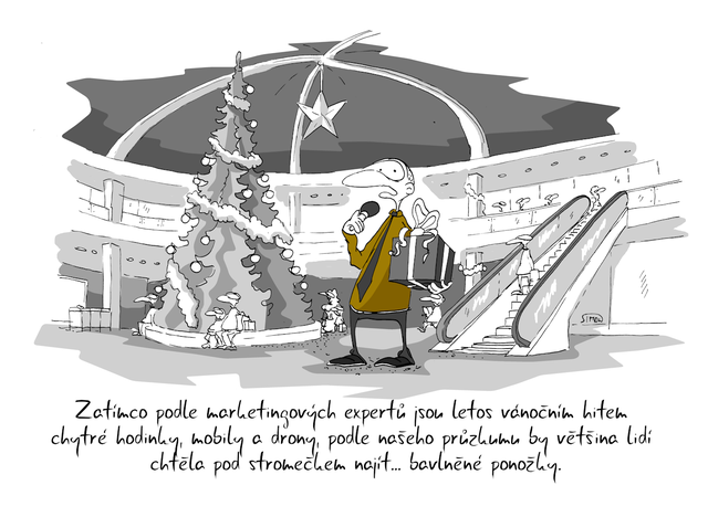 Kreslený vtip: Zatímco podle marketingových expertů jsou letos vánočním hitem chytré hodinky, mobily a drony, podle našeho průzkumu by většina lidí chtěla pod stromečkem najít ... bavlněné ponožky. Autor: Marek Simon