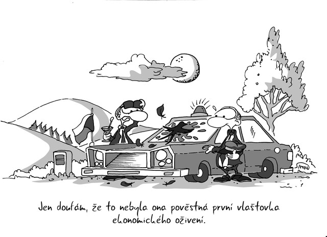 Kreslený vtip: Jen doufám, že to nebyla ona pověstná první vlaštovka ekonomického oživení. Autor: Marek Simon.