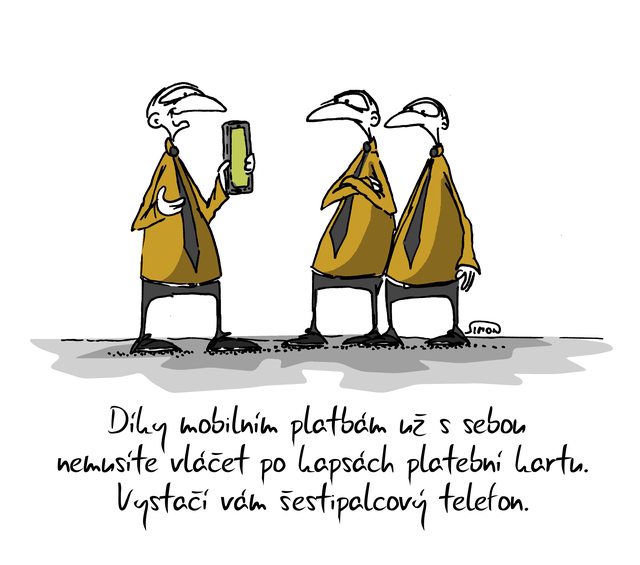 Kreslený vtip: Díky mobilním platbám už s sebou nemusíte vláčet po kapsách platební kartu. Vystačí vám šestipalcový telefon. Autor: Marek Simon