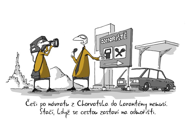 Kreslený vtip: Češi po návratu z Chorvatska do karantény nemusí. Stačí, když se cestou zastaví na odmořišti. Autor: Marek Simon