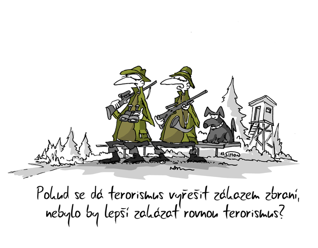 Kreslený vtip: Pokud se dá terorismus vyřešit zákazem zbraní, nebylo by lepší zakázat rovnou terorismus? Autor: Marek Simon