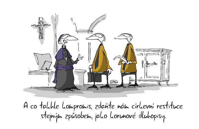 Kreslený vtip: A co takhle kompromis, zdaňte nám církevní restituce stejným způsobem, jako korunové dluhopisy. Autor: Marek Simon