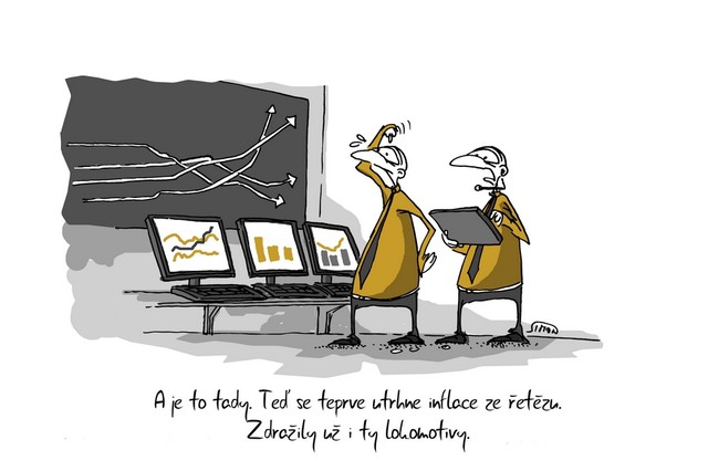 Kreslený vtip: A je to tady. Teď se teprve utrhne inflace ze řetězu. Zdražily už i ty lokomotivy. Autor: Marek Simon