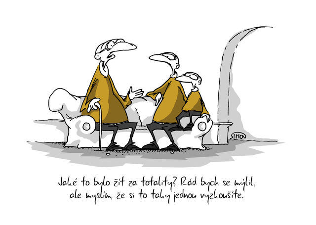 Kreslený vtip: Jaké to bylo žít za totality? Rád bych se mýlil, ale myslím, že si to taky jednou vyzkoušíte. Autor: Marek Simon