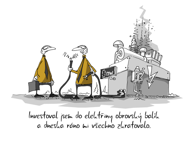 Kreslený vtip: Investoval jsem do elektřiny obrovský balík a dneska ráno mi všechno zkratovalo. Autor: Marek Simon