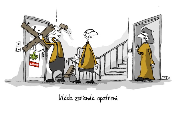 Kreslený vtip: Vláda zpřísnila opatření. Autor: Marek Simon