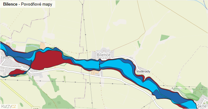 Bílence - záplavové mapy stoleté vody