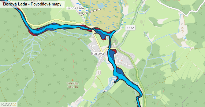 Borová Lada - záplavové mapy stoleté vody