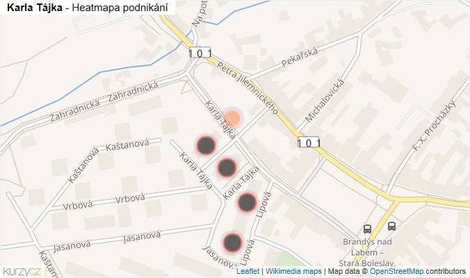 Mapa Karla Tájka - Firmy v ulici.