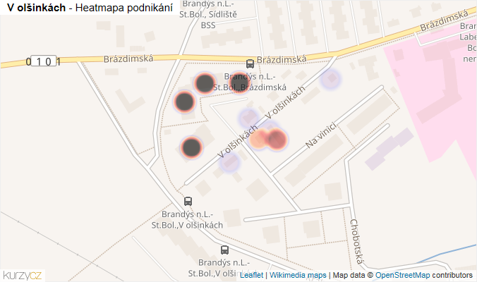 Mapa V olšinkách - Firmy v ulici.