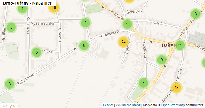 Mapa Brno-Tuřany - Firmy v městské části.