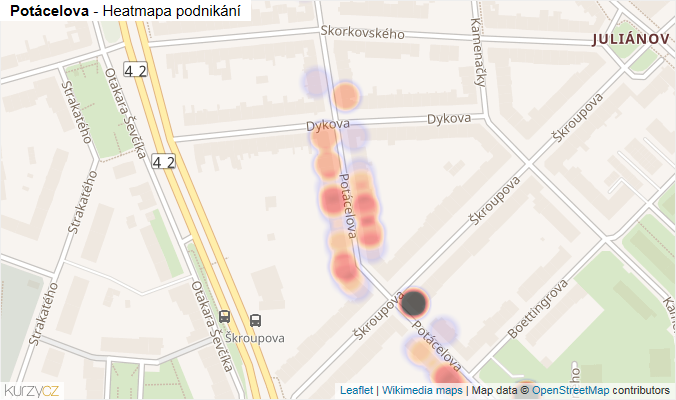 Mapa Potácelova - Firmy v ulici.