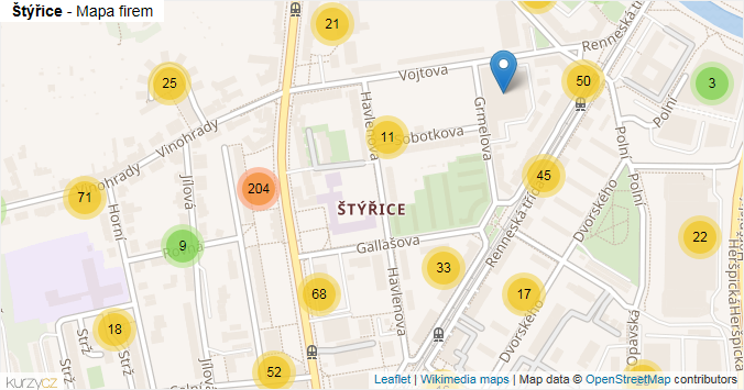 Mapa Štýřice - Firmy v části obce.