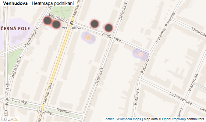 Mapa Venhudova - Firmy v ulici.