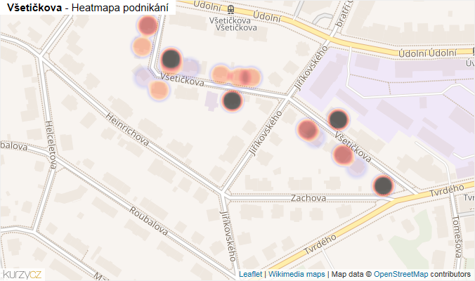 Mapa Všetičkova - Firmy v ulici.