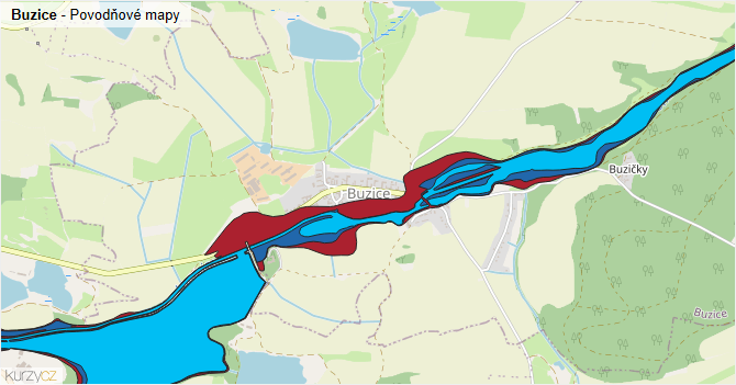 Buzice - záplavové mapy stoleté vody