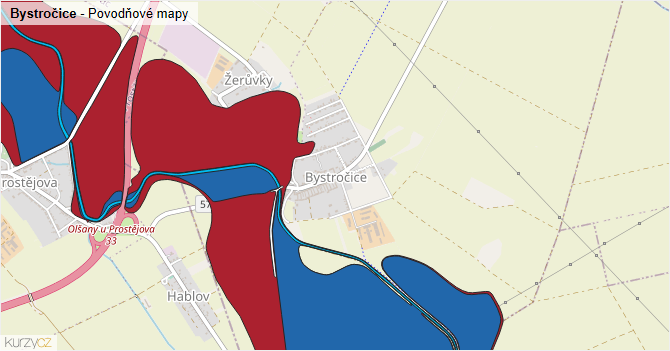 Bystročice - záplavové mapy stoleté vody