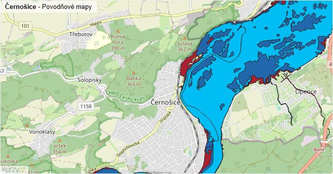 Černošice - záplavové mapy stoleté vody