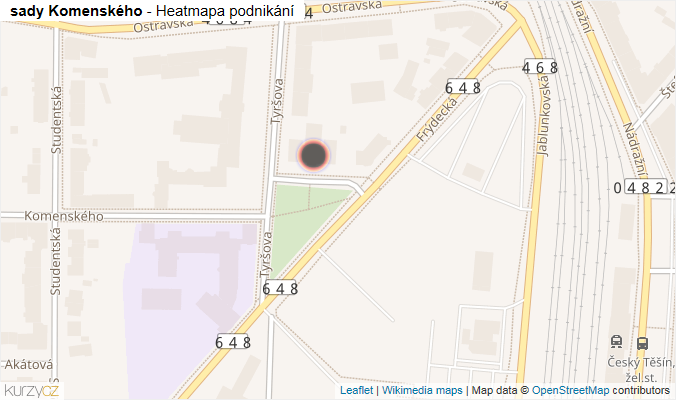 Mapa sady Komenského - Firmy v ulici.