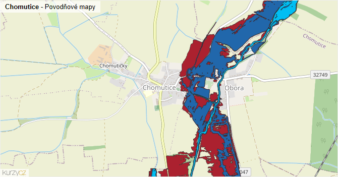 Chomutice - záplavové mapy stoleté vody