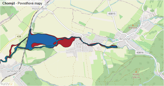 Chomýž - záplavové mapy stoleté vody