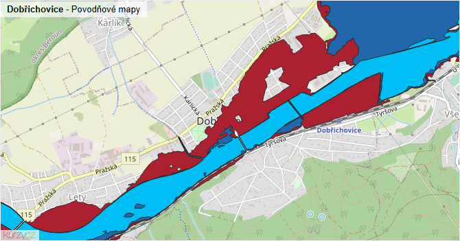 Dobřichovice - záplavové mapy stoleté vody
