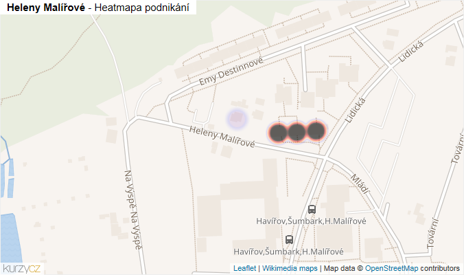 Mapa Heleny Malířové - Firmy v ulici.