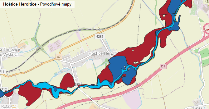 Hoštice-Heroltice - záplavové mapy stoleté vody