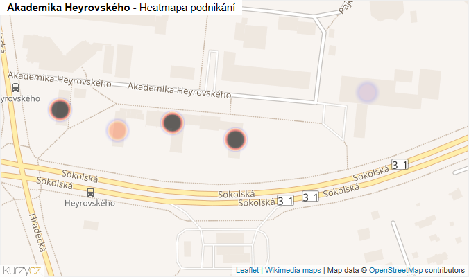 Mapa Akademika Heyrovského - Firmy v ulici.