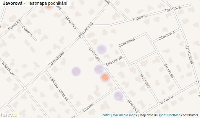 Mapa Javorová - Firmy v ulici.