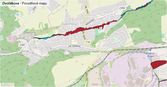 Dvořákova - záplavové mapy stoleté vody