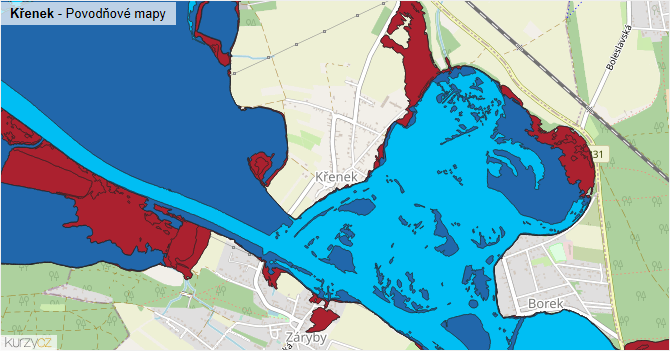 Křenek - záplavové mapy stoleté vody