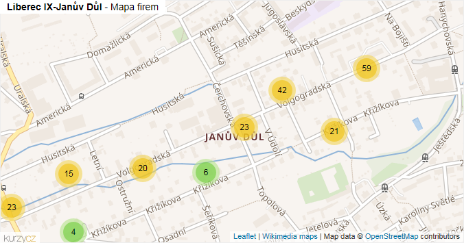 Mapa Liberec IX-Janův Důl - Firmy v části obce.