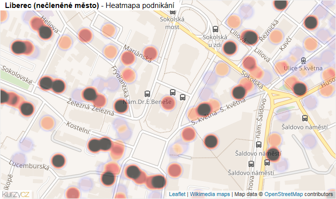 Mapa Liberec (nečleněné město) - Firmy v městské části.