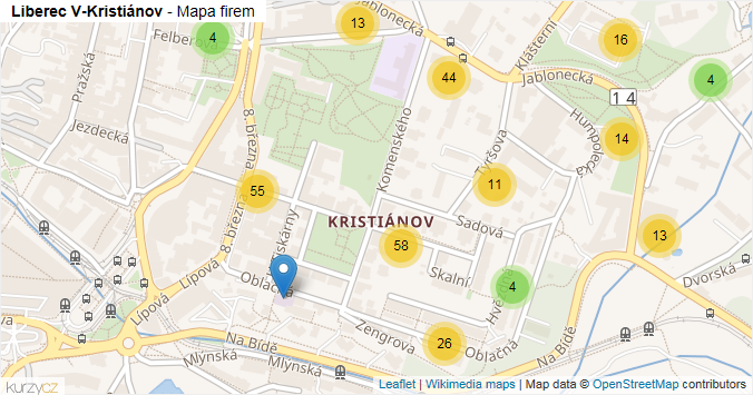 Mapa Liberec V-Kristiánov - Firmy v části obce.