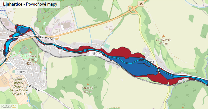 Linhartice - záplavové mapy stoleté vody