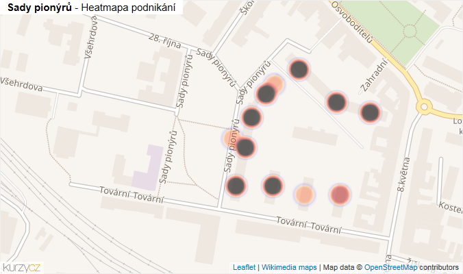 Mapa Sady pionýrů - Firmy v ulici.