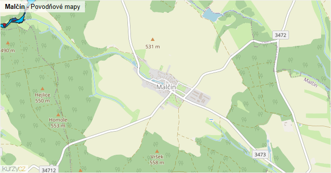 Malčín - záplavové mapy stoleté vody