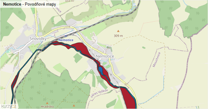 Nemotice - záplavové mapy stoleté vody