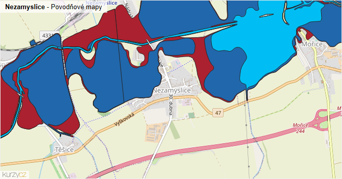 Nezamyslice - záplavové mapy stoleté vody
